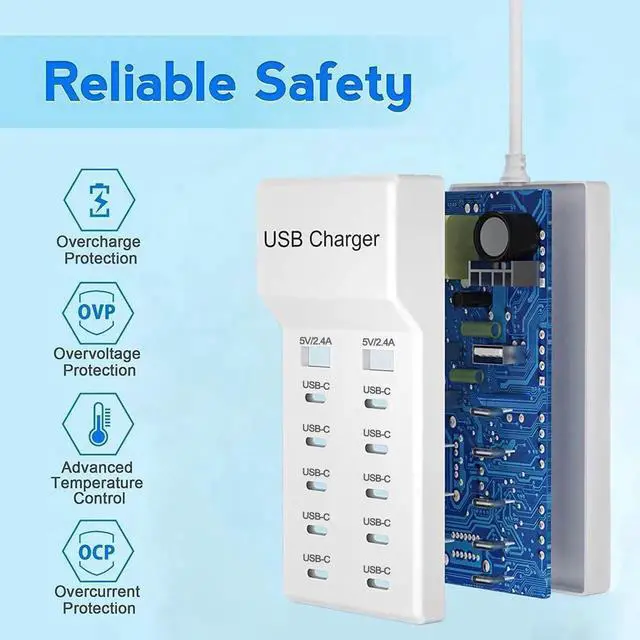 Alt view image 6 of 7 - Multiple USB C Charger, 12 Ports USB Charging Station, 60W MultiPort Charger[10 USB-C+2 USB-A], USB Wall Charger, Desktop USB Charger Compatible with iPhone/iPad//Google Pixel/Watch/Headphones