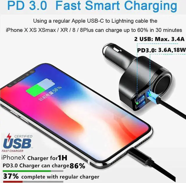 Alt view image 7 of 7 - 4 in 1 USB C Car Charger, 36W Multi USB Cigarette Lighter Adapter, Socket Splitter with 3 USB Ports, 12V/24V Dual USB Type C PD Fast Car Charger Adapter for iPhone 13/12/11/XS/8,iPad,Samsung,LG,GPS