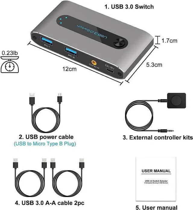 Main image of USB 3.0 Switch, 2 in 4 out USB 3.0 Switch, USB KVM Switcher 2 Computer Sharing 4 USB Devices with Wire Desktop Controller and 2 Pack USB 3.0 A-A Cable