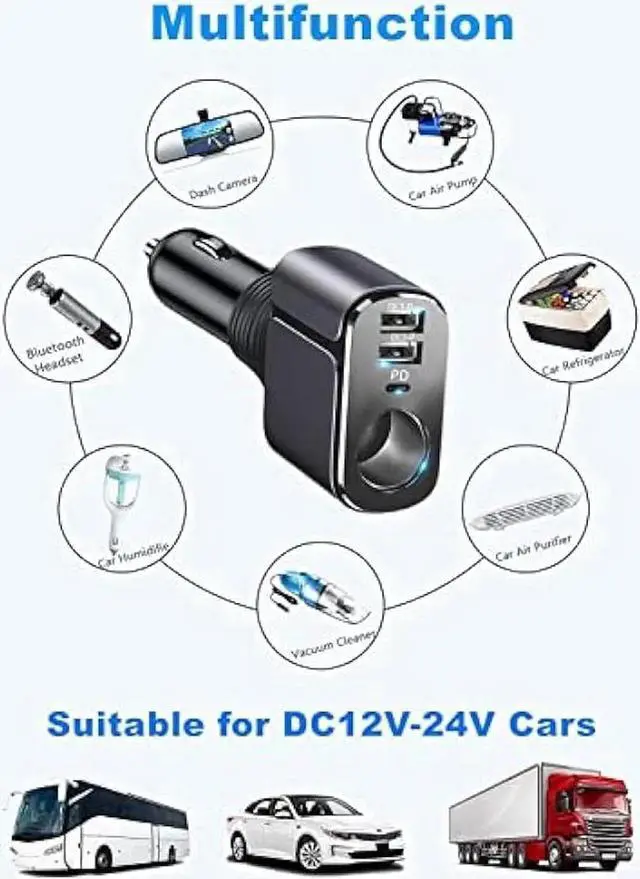 Alt view image 6 of 6 - 4 in 1 USB C Car Charger Adapter, 210W Multi USB Cigarette Lighter Adapter, Socket Splitter with 3 USB Ports, 12V/24V Outlet Dual USB Type C PD Fast Car Charger for iPhone 15/14,iPad,Samsung,GPS