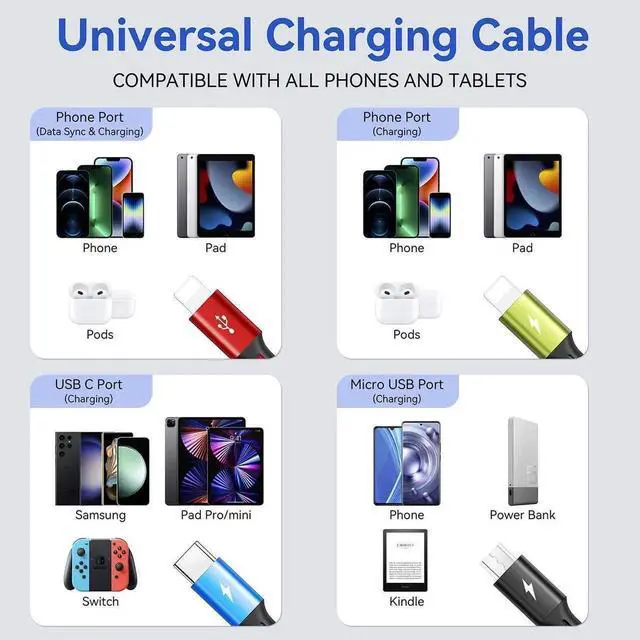 Alt view image 6 of 6 - Multi Charging Cable,3.5A Multi Charger Cable,Braided 4 in 1 Charging Cable,Multi USB Cable, Fast Charging Cord with IP/Type C/Micro USB Port for Cell Phones/Tablets/Samsung Galaxy & More(2Pack 4Ft)