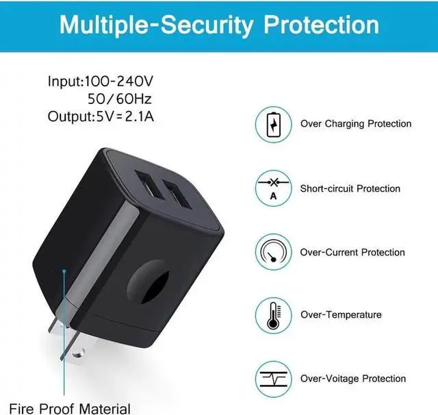 Alt view image 7 of 7 - Wall Charger Block, 2.1A/5V Dual Port USB Wall Plug in Phone Travel Power USB Adapter Plug,3Pack Black Charger Cube Fast Charging Compatible Phone 15 Pro/14/13/12/SE/11,Samsung Galaxy S23/S22/S21/S20