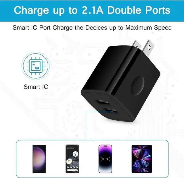 Alt view image 5 of 7 - Wall Charger Block, 2.1A/5V Dual Port USB Wall Plug in Phone Travel Power USB Adapter Plug,3Pack Black Charger Cube Fast Charging Compatible Phone 15 Pro/14/13/12/SE/11,Samsung Galaxy S23/S22/S21/S20