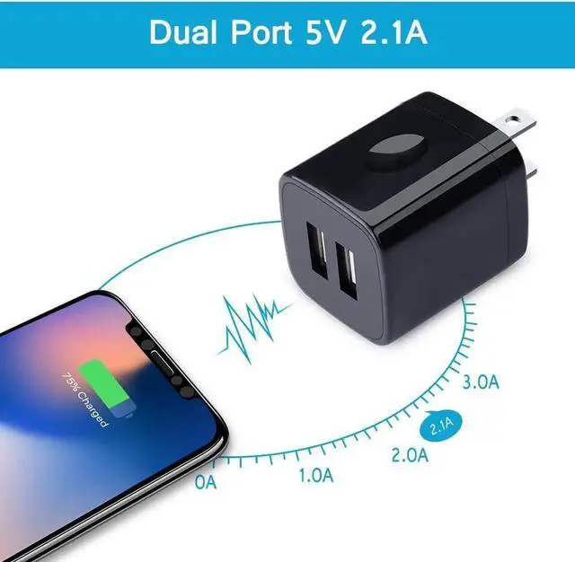Alt view image 6 of 7 - Wall Charger Block, 2.1A/5V Dual Port USB Wall Plug in Phone Travel Power USB Adapter Plug,3Pack Black Charger Cube Fast Charging Compatible Phone 15 Pro/14/13/12/SE/11,Samsung Galaxy S23/S22/S21/S20