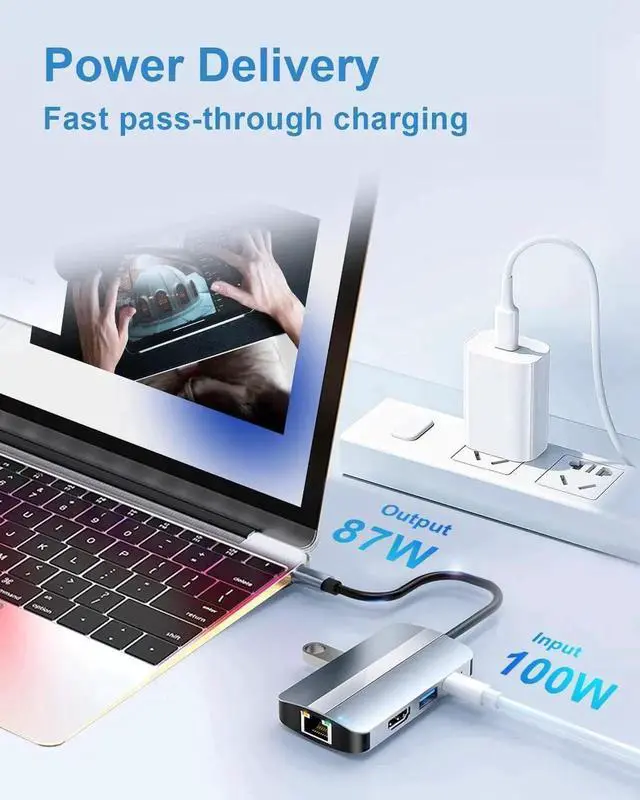 Main image of 6-in-1 USB C Hub, Multiport Type C Adapter with 4K HDMI, 2x USB 2.0, 1x USB 3.0, 1x 87W PD, 1 x RJ45 Ethernet Adapter, USB-C Docking Station Type C Dongle Compatible with Laptop Windows, MacOS