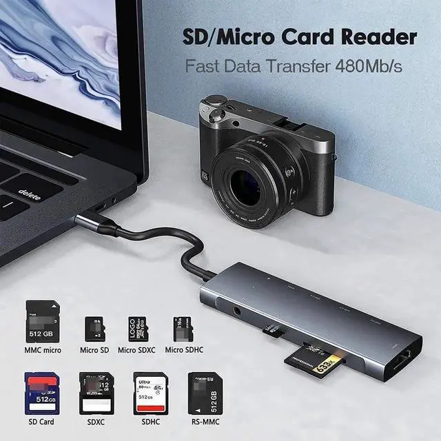 Alt view image 2 of 6 - USB C Hub, 9 in 1 Multiport USB Type C Adapter with 100W Power Delivery, 4K HDMI Output, 3 USB 3.0 and USB-C 5 Gbps Data Ports, SD/TF Card Reader,3.5mm Headphone Jack, for Mac-Book Type C Laptops