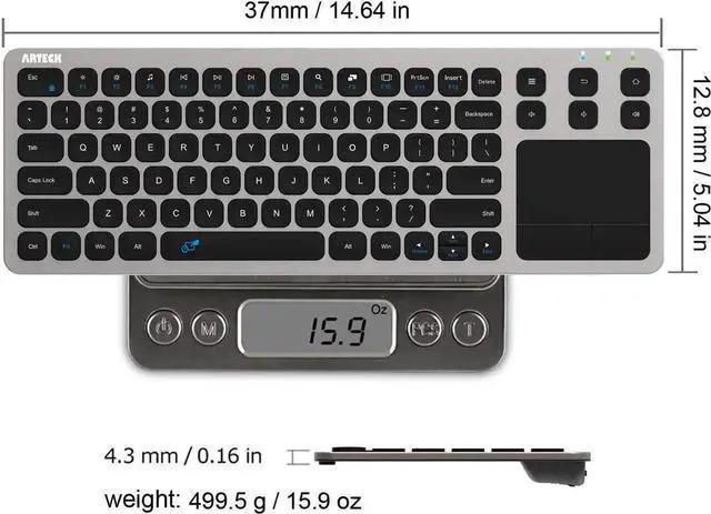 Alt view image 6 of 7 - Wireless Keyboard, Arteck 2.4G Wireless Touch TV Keyboard with Easy Media Control and Built-in Touchpad Mouse Solid Stainless Ultra Compact Full Size Keyboard for TV-Connected Computer, Smart TV, HTPC