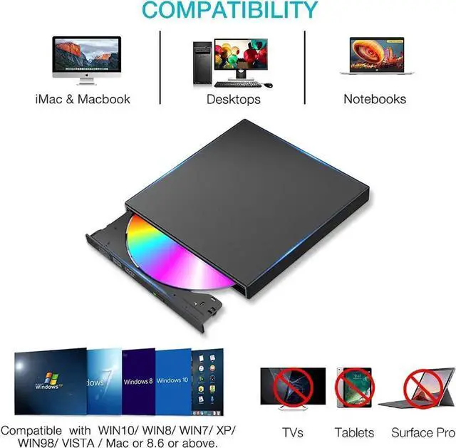 Alt view image 4 of 6 - External CD DVD Drive, USB 2.0 Portable CD/DVD Player for Laptop CD ROM Burner Compatible with Laptop Desktop PC Windows Linux OS Apple Mac Black