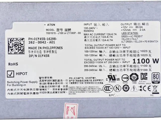 Alt view image 4 of 4 - For R510 R810 R910 T710 Server Power Supply 3MJJP 9GP9X 1Y45R 1100W