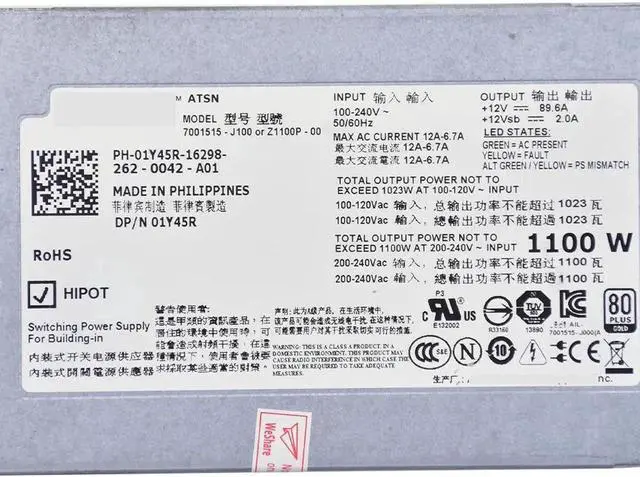 Alt view image 4 of 4 - For R510 R810 R910 T710 Server Power Supply 3MJJP 9GP9X 1Y45R 1100W