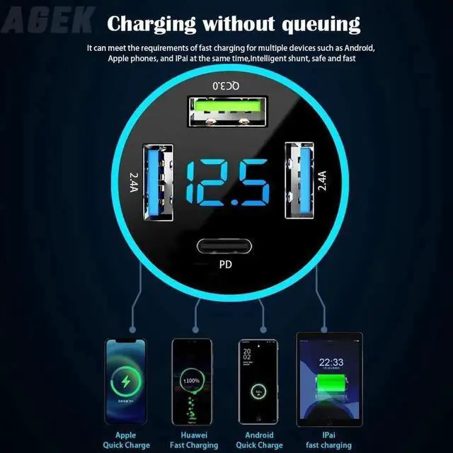 Alt view image 4 of 7 - Car Charger USB C Car Adapter 4 Port USB Car Charger with Voltage Display PD 3.0 & QC 3.0 Car Phone Charger Cigarette Lighter USB Charger Adapter Fast Charging for iPhone iPad & Phone Tablets