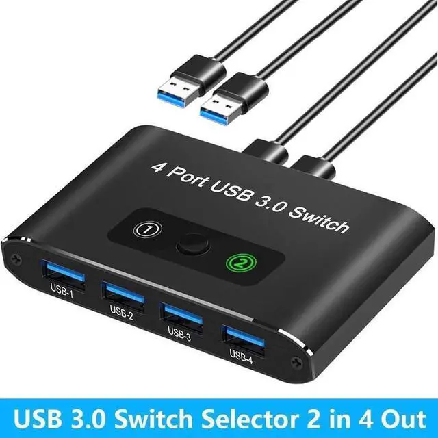 Main image of USB 3.0 Switch 2 in 4 Out, USB Switch Selector 2 Computers Sharing 4 USB Devices KVM Switcher Box for PC, Printer, Scanner, Mouse, Keyboard with 2 USB Cable, Compatible with Mac/Windows/Linux