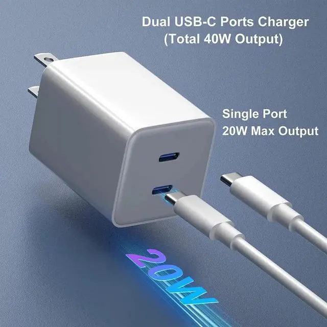Alt view image 3 of 7 - Dual USB C Fast Charger 40W, Dual 20W Type C Wall Charger Fast Charging Block USB-C Power Adapter Plug Wall Charger Block Compatible i-P-h-o-n-e 14/13/12, i-P-a-d Pro/Air/Mini etc - White