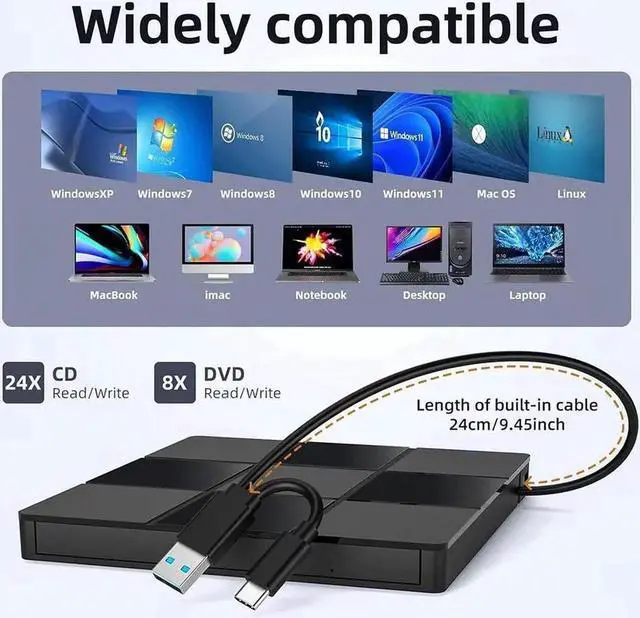 Alt view image 5 of 6 - [7 in 1] External CD DVD Drive, USB 3.0 Type-C CD DVD +/- RW Burner - Plug and Play - External Optical DVD CD ROM Drive for Laptop PC Computer, USB CD/DVD Drive Compatible with Windows 11/10 Mac OS