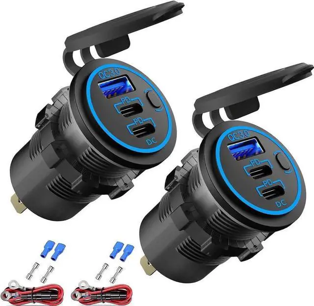 Main image of 2 PACK 12V USB Outlet Wired USB Charger Multi Port Dual PD3.0 USB-C and Quick Charge 3.0 Car USB Port Socket with Power Switch Fast Charger for Cell Phone Tablet Suitable for Car Boat RV Marine ATV