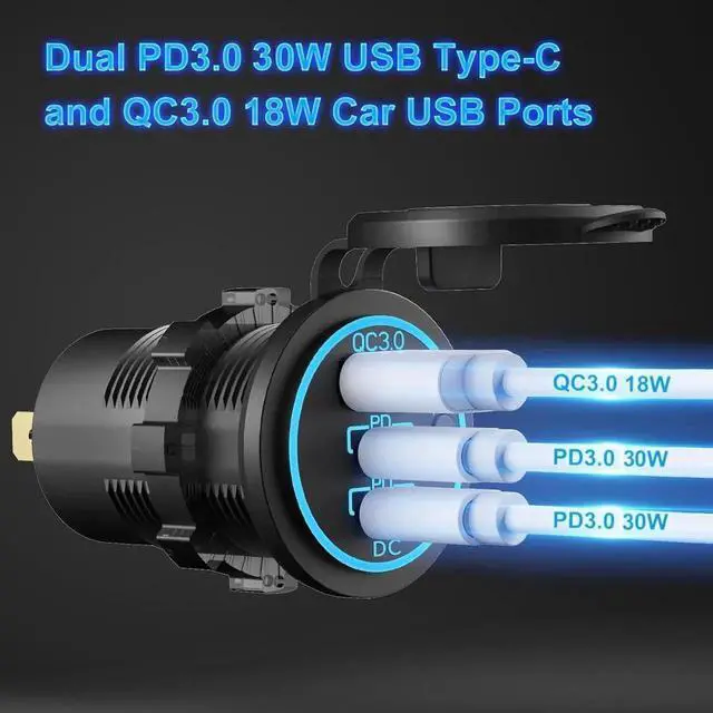 Alt view image 6 of 7 - 2 PACK 12V USB Outlet Wired USB Charger Multi Port Dual PD3.0 USB-C and Quick Charge 3.0 Car USB Port Socket with Power Switch Fast Charger for Cell Phone Tablet Suitable for Car Boat RV Marine ATV