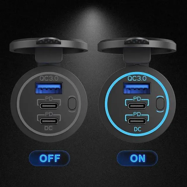 Alt view image 4 of 7 - 2 PACK 12V USB Outlet Wired USB Charger Multi Port Dual PD3.0 USB-C and Quick Charge 3.0 Car USB Port Socket with Power Switch Fast Charger for Cell Phone Tablet Suitable for Car Boat RV Marine ATV