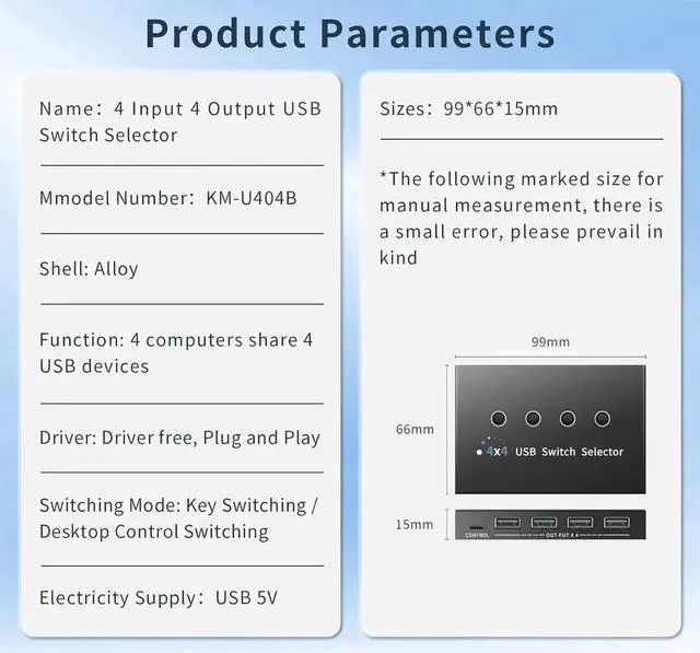 Alt view image 7 of 7 - USB 3.0 Switch 4 Computers 3 Computers Keyboard Mouse Switch,4 Port USB Switch Selector Sharing 4 USB Devices,USB Switcher Compatible with Mac/Windows/Linux,with Desktop Controller &4 USB Cable