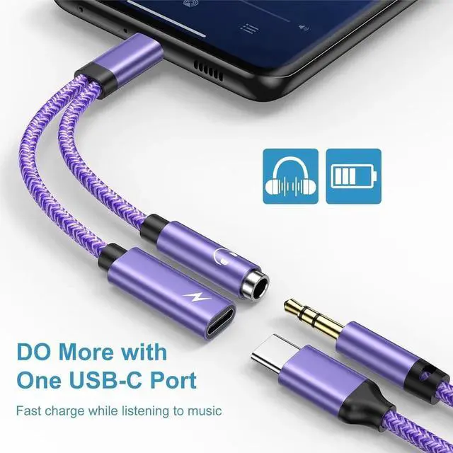 Alt view image 7 of 7 - USB C to 3.5mm Audio Headphone & Android Phone Charger Adapter, 2-in-1 Type C to Aux Earphone Jack Dongle Cable & 60W Fast Charging for Samsung Galaxy A54 A14 A34 S24 S23 Ultra S22 S21 fe S20 A13 A53