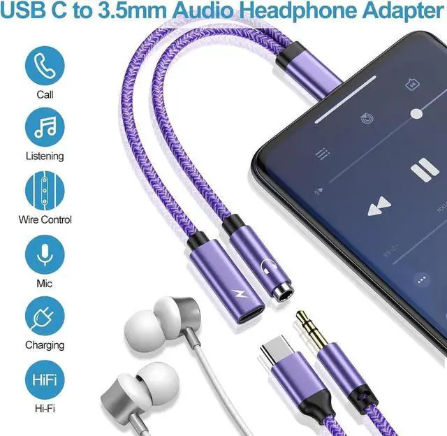 Alt view image 2 of 7 - USB C to 3.5mm Audio Headphone & Android Phone Charger Adapter, 2-in-1 Type C to Aux Earphone Jack Dongle Cable & 60W Fast Charging for Samsung Galaxy A54 A14 A34 S24 S23 Ultra S22 S21 fe S20 A13 A53