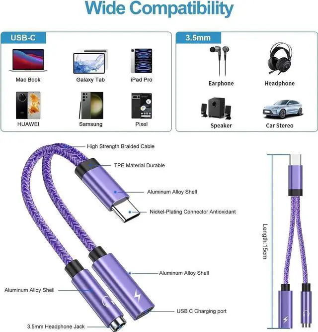 Alt view image 3 of 7 - USB C to 3.5mm Audio Headphone & Android Phone Charger Adapter, 2-in-1 Type C to Aux Earphone Jack Dongle Cable & 60W Fast Charging for Samsung Galaxy A54 A14 A34 S24 S23 Ultra S22 S21 fe S20 A13 A53