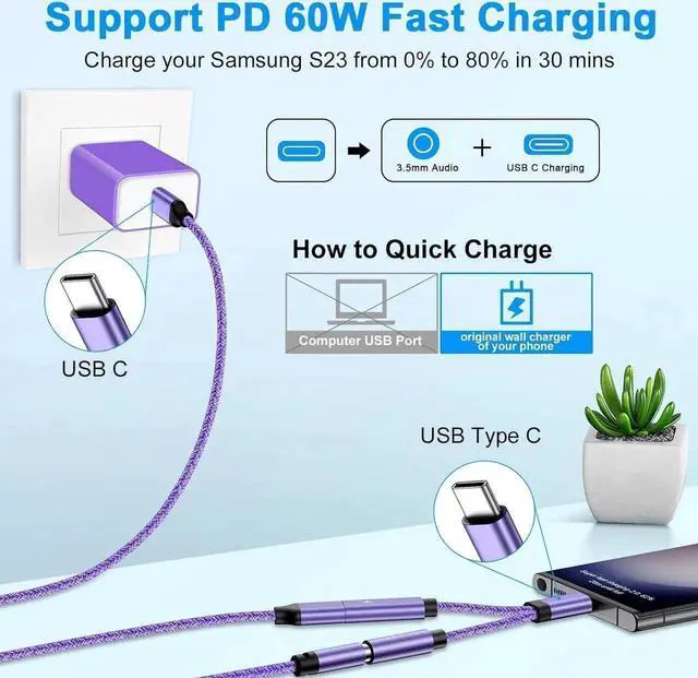Main image of USB C to 3.5mm Audio Headphone & Android Phone Charger Adapter, 2-in-1 Type C to Aux Earphone Jack Dongle Cable & 60W Fast Charging for Samsung Galaxy A54 A14 A34 S24 S23 Ultra S22 S21 fe S20 A13 A53
