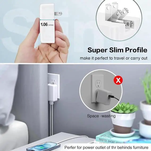 Alt view image 4 of 6 - IHDAPP Flat USB C Wall Charger [3 Pack], Slim Fast Charging Block, 40W 4-Port USB C Charger Block Type C Power Adapter with Foldable Plug Compatible for i-Phone Android Cellphones Tablet PC.. (White)