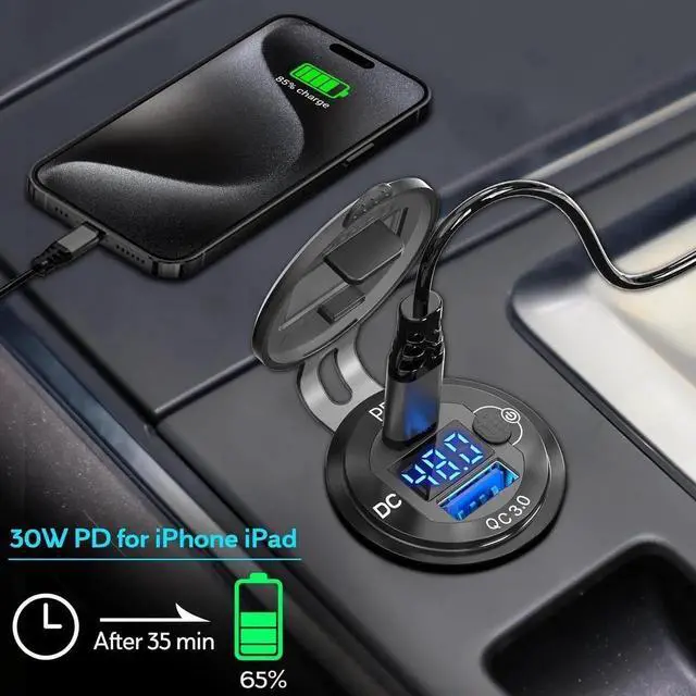 Alt view image 5 of 7 - High Voltage USB Outlet 12V 24V 36V 48V 60V Aluminum Car Charger Socket PD 30W USB C and QC 36W Car USB Port Waterproof Cigarette Lighter Power Adapter DIY Kit with Button Switch for Ship Truck etc.