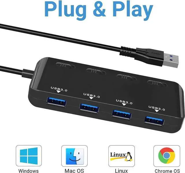 Alt view image 3 of 7 - USB 3.0 Hub, 4-Port USB3.0 Splitter with Individual LED Power Switches, Ultra Slim USB extension for PC, MacBook, Mac Pro/Mini, iMac, Surface Pro, USB Flash Drives, etc.