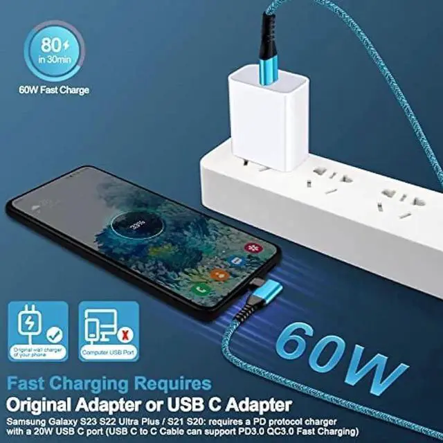 Alt view image 4 of 7 - Android Phone Power Cord Samsung Charger Cable USB Type C to C 60W 3 Pack 6ft 90 Degree Fast Charging for Samsung Galaxy A54 A14 5G A13 A24 A23 S23 S22 A34 S21 FE A53 A03s Z Fold 4 Flip 4 S20 S10 S9