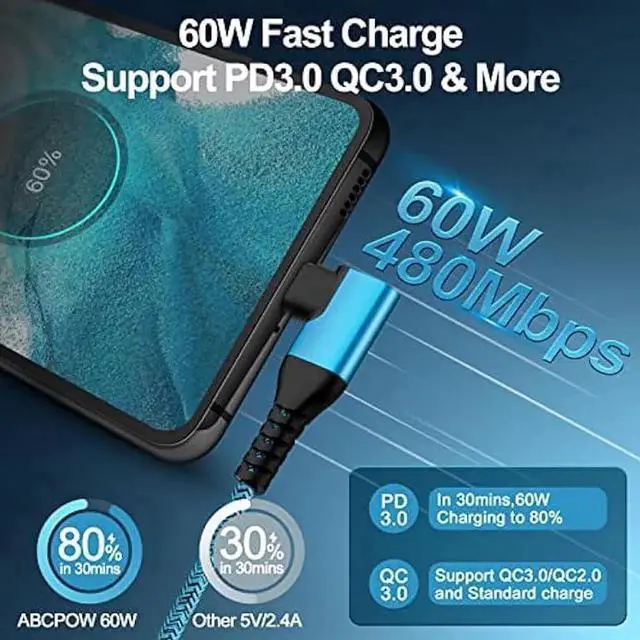 Alt view image 5 of 7 - Android Phone Power Cord Samsung Charger Cable USB Type C to C 60W 3 Pack 6ft 90 Degree Fast Charging for Samsung Galaxy A54 A14 5G A13 A24 A23 S23 S22 A34 S21 FE A53 A03s Z Fold 4 Flip 4 S20 S10 S9