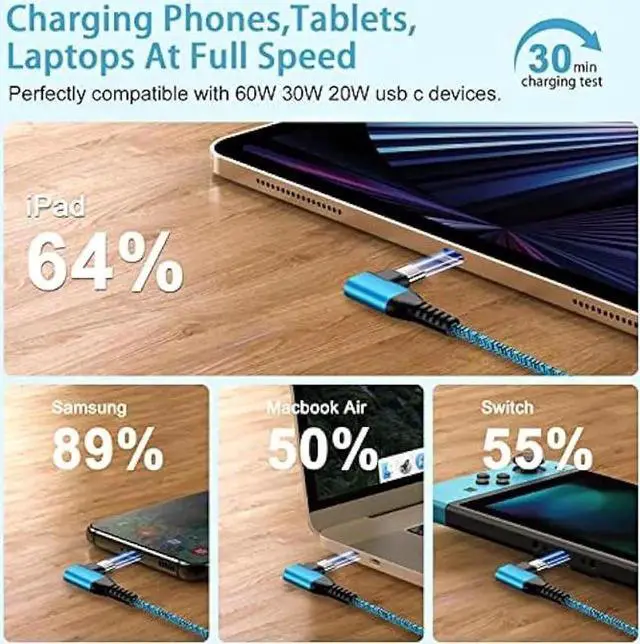 Alt view image 2 of 7 - Android Phone Power Cord Samsung Charger Cable USB Type C to C 60W 3 Pack 6ft 90 Degree Fast Charging for Samsung Galaxy A54 A14 5G A13 A24 A23 S23 S22 A34 S21 FE A53 A03s Z Fold 4 Flip 4 S20 S10 S9