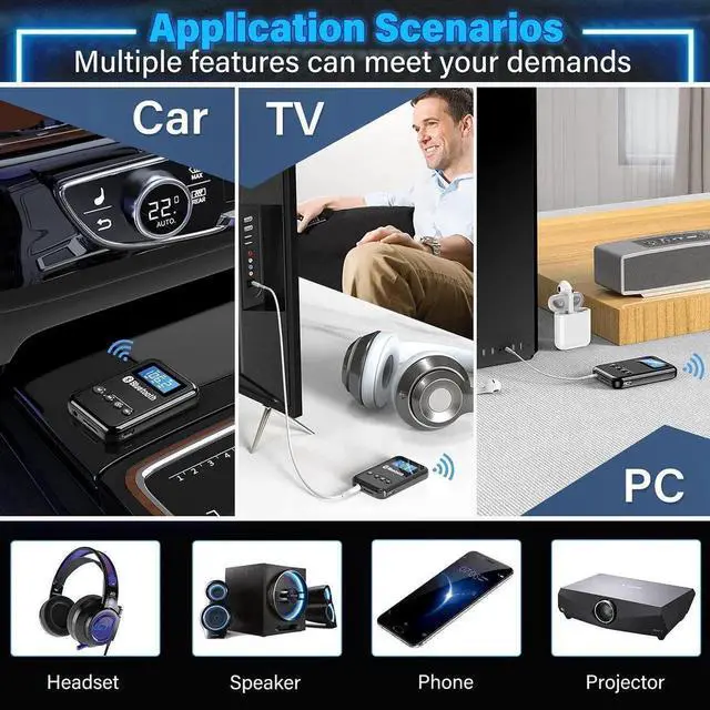 Alt view image 3 of 7 - Bluetooth 5.0 Adapter for PC, Receiver Transmitter 2 in 1 Wireless Bluetooth Audio Adapter with LCD Display for Car TV PC Headphones Home Sound