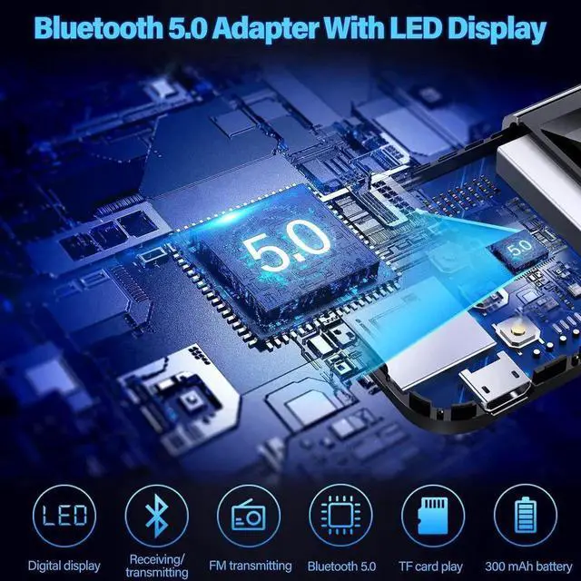 Alt view image 4 of 7 - Bluetooth 5.0 Adapter for PC, Receiver Transmitter 2 in 1 Wireless Bluetooth Audio Adapter with LCD Display for Car TV PC Headphones Home Sound