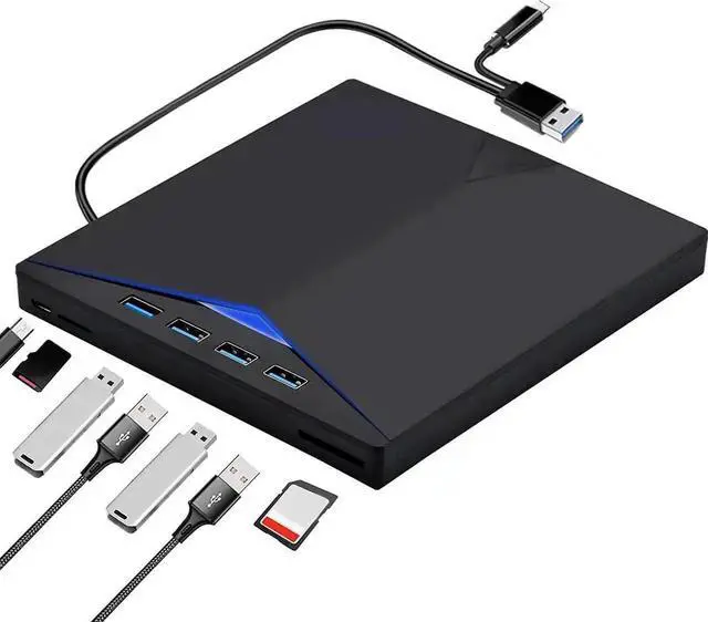 Main image of External CD DVD Drive, 7-in-1 Optical External CD/DVD Burner with 4 USB 3.0 Ports SD/TF Reader, USB 3.0 Type C CD DVD ROM +/-RW Player for Laptop for M-a-c-book Windows 10/ 8/7 Linux OS
