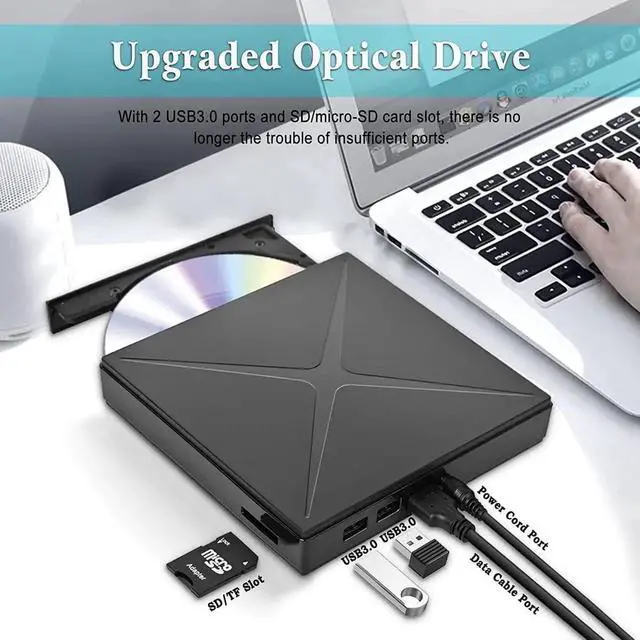 Alt view image 4 of 6 - 5 in 1 External CD/DVD Drive for Laptop, Ultra Slim USB 3.0 Type-C CD DVD +/-RW Burner, Optical Disk Drive Player with 2 USB Ports and TF/SD Reader, for Laptop Mac PC Windows 11/10/8/7 Linux OS