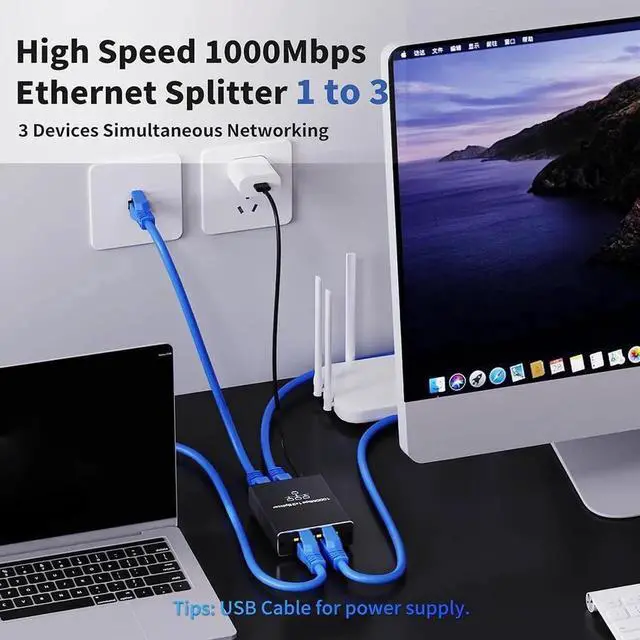 Alt view image 5 of 7 - Ethernet Splitter 1 to 3, Upgrade 1000Mbps High Speed Ethernet Cable Splitter 1 to 3 [3 Devices Simultaneous Networking], 1000Mbps RJ45 LAN Network Extension with USB Power Cable for Cat8/7/6 Cable