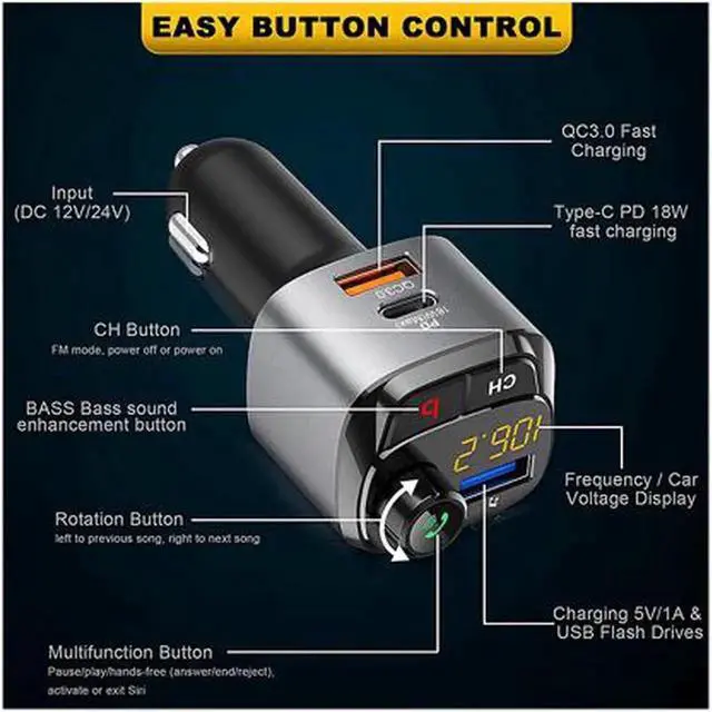 Alt view image 4 of 6 - Bluetooth 5.0 FM Transmitter for Car, QC3.0+Type-C PD 18W Wireless Bluetooth FM Radio Adapter Bass Sound Music Player FM Car Kit with Hands-free Calling and 3 USB Ports Charger Support USB Drive