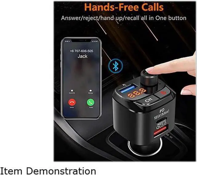 Alt view image 3 of 6 - Bluetooth 5.0 FM Transmitter for Car, QC3.0+Type-C PD 18W Wireless Bluetooth FM Radio Adapter Bass Sound Music Player FM Car Kit with Hands-free Calling and 3 USB Ports Charger Support USB Drive