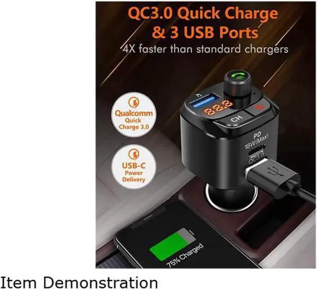 Alt view image 6 of 6 - Bluetooth 5.0 FM Transmitter for Car, QC3.0+Type-C PD 18W Wireless Bluetooth FM Radio Adapter Bass Sound Music Player FM Car Kit with Hands-free Calling and 3 USB Ports Charger Support USB Drive