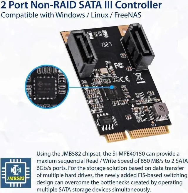 Alt view image 3 of 4 - M.2 22x42 PCIe Interface to 2 Port SATA III Expansion Card Jmicro JMB582 Chipset, Add Two SATA 3.0 Ports to Any M.2 M-Key Slot SI-MPE40150