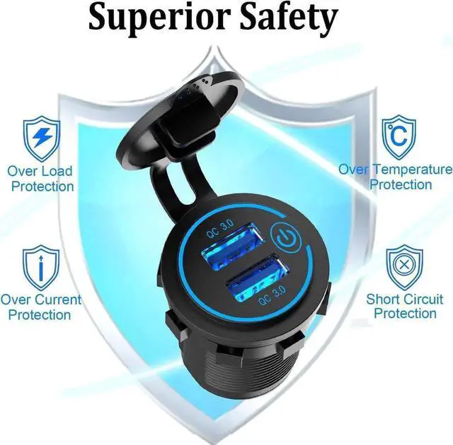 Alt view image 6 of 7 - [2 Pack] 12V USB Outlet, Quick Charge 3.0 Dual USB Power Outlet with Touch Switch, Waterproof 12V/24V Fast Charge USB Charger Socket DIY Kit for Car Boat Marine Bus Truck Golf Cart RV Motorcycle, etc.