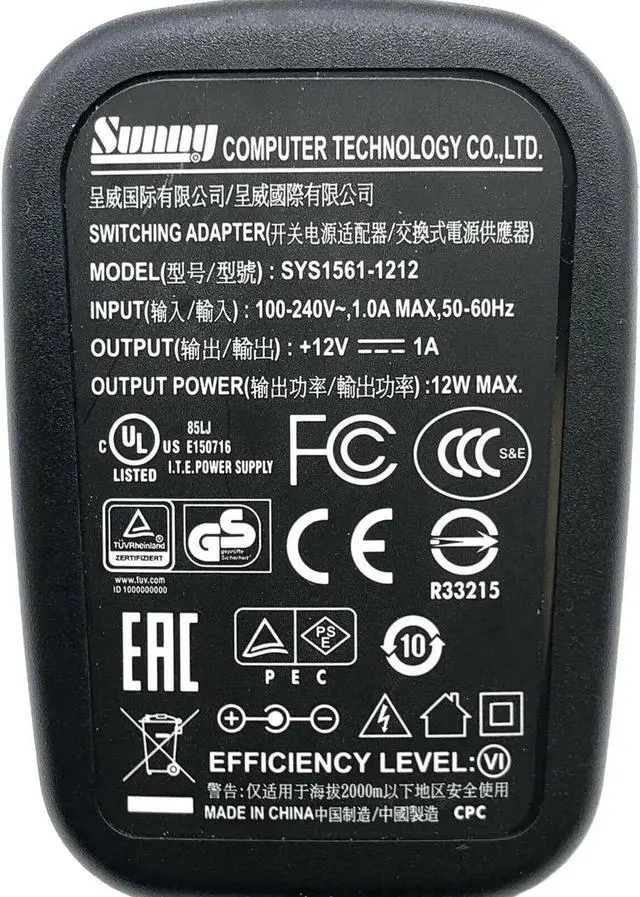 Alt view image 4 of 4 - Genuine Sun-ny SYS1561-1212 AC Adapter 12V 1A 12W Switching Power Adapter