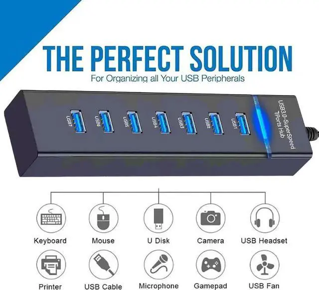Alt view image 2 of 6 - 7 Port USB Hub 3.0, USB 5Gbps Data Transmission Hub Splitter 7-Ports, Computer Networking Hubs for Laptop, PC, MacBook, Mac Pro/Mini, PS4/5, XPS, Surface Pro, Galaxy Series, Mobile HDD, and More