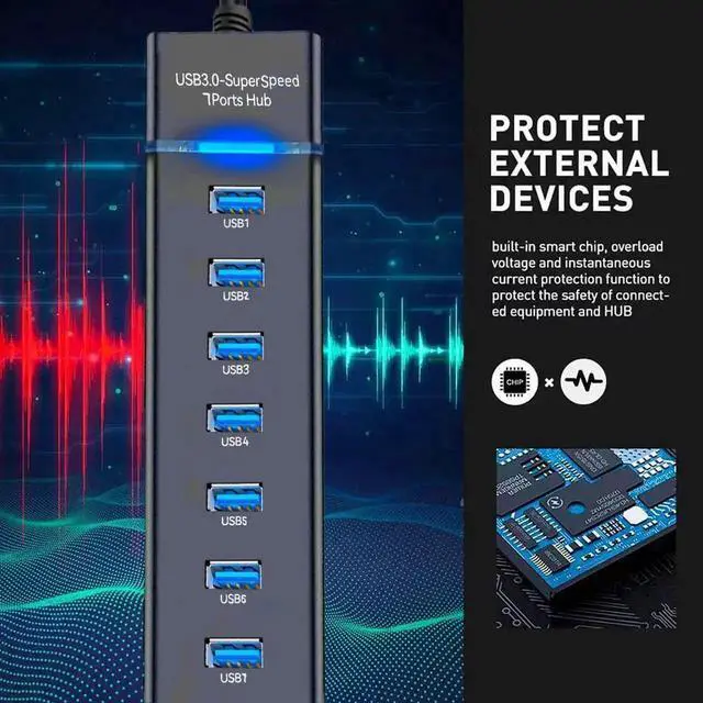 Alt view image 5 of 6 - 7 Port USB Hub 3.0, USB 5Gbps Data Transmission Hub Splitter 7-Ports, Computer Networking Hubs for Laptop, PC, MacBook, Mac Pro/Mini, PS4/5, XPS, Surface Pro, Galaxy Series, Mobile HDD, and More