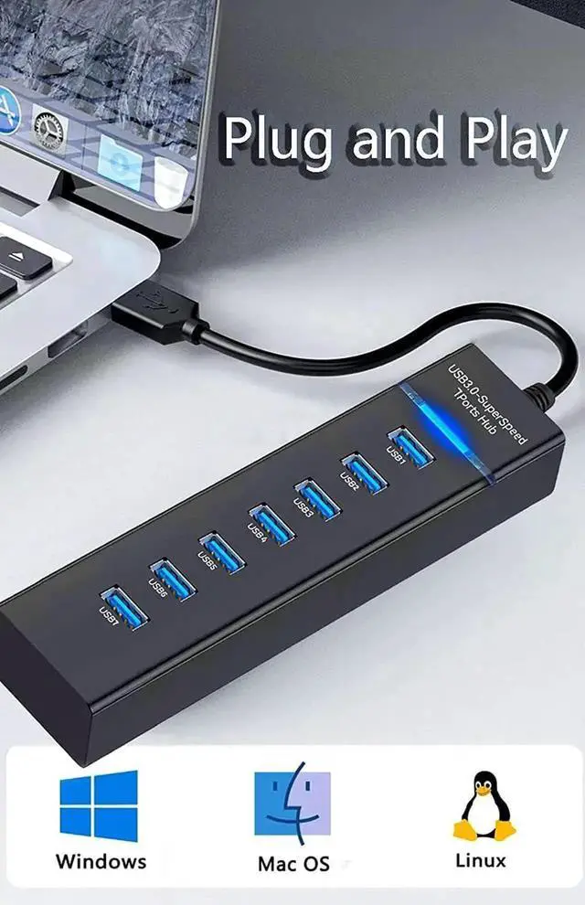 Alt view image 4 of 6 - 7 Port USB Hub 3.0, USB 5Gbps Data Transmission Hub Splitter 7-Ports, Computer Networking Hubs for Laptop, PC, MacBook, Mac Pro/Mini, PS4/5, XPS, Surface Pro, Galaxy Series, Mobile HDD, and More