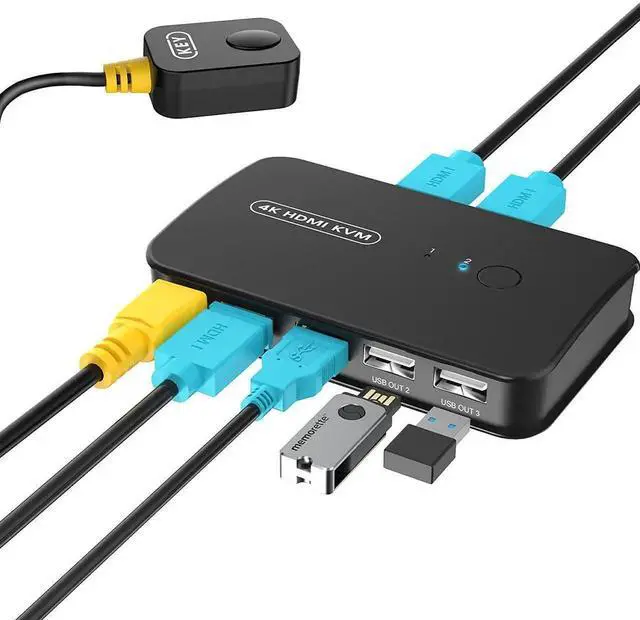 Main image of KVM Switch HDMI 2 Port Box, USB and HDMI Switch for 2 Computers Share Keyboard Mouse Printer and one HD Monitor, 4K @30HZ, with Wired Controller & KVM Cables