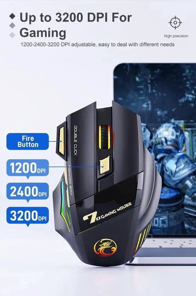 Alt view image 7 of 7 - Dual Mode Wireless Gaming Mouse, Rechargeable USB 2.4G + Bluetooth 5.1 Wireless Mice, with 7-Color Rainbow Luminous, 3 adjustable DPI levels(up to 3200 dpi), Optical Effect Gaming Mice (Classic Black)