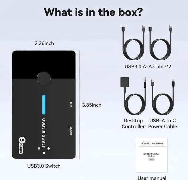 Alt view image 3 of 7 - USB 3.0 Switch 2 Computers Sharing USB C & A Devices, 4 Port USB Switcher Sharing Keyboard and Mouse, Printer/Scanner USB Switch Hub for 2 Computers with 2 USB3.0 Cables and Desktop Controller
