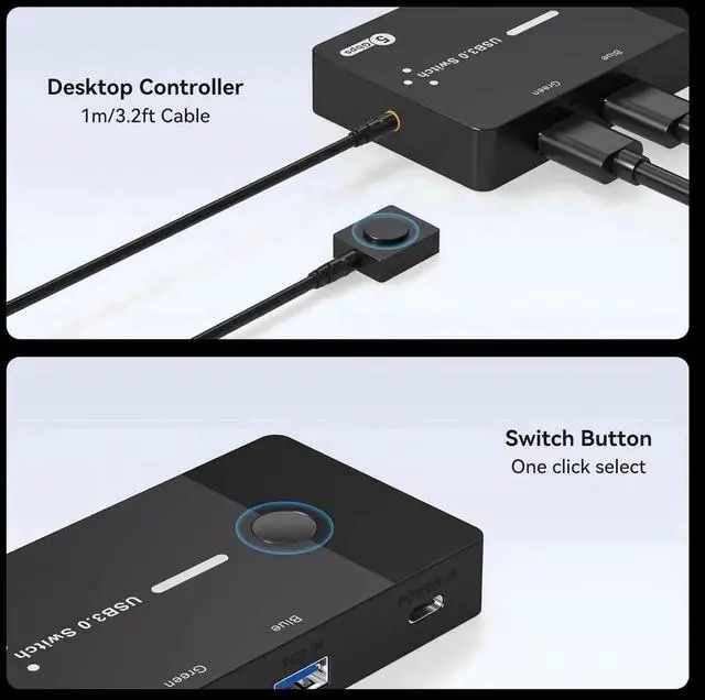 Alt view image 6 of 7 - USB 3.0 Switch 2 Computers Sharing USB C & A Devices, 4 Port USB Switcher Sharing Keyboard and Mouse, Printer/Scanner USB Switch Hub for 2 Computers with 2 USB3.0 Cables and Desktop Controller
